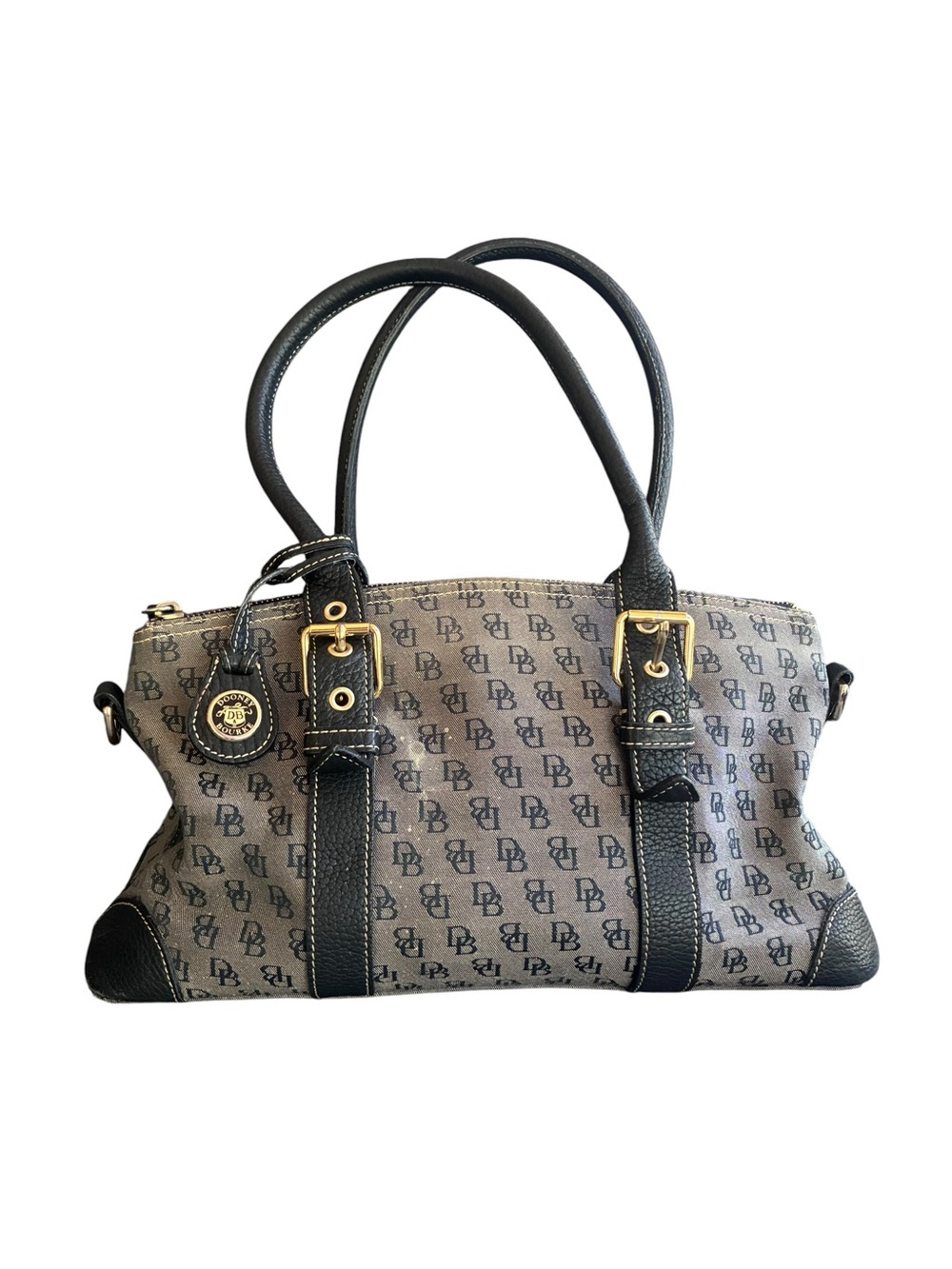 Vintage Dooney & Bourke Signature Monogram Satchel Bag Blue Grey Canvas